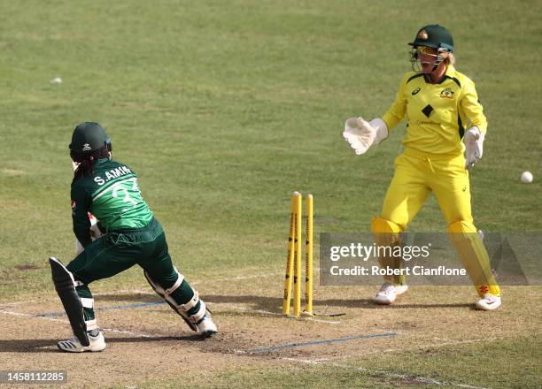 Sidra Amin of Pakistan is bowled by Ashleigh Gardner of Australia during game three of the Women's One Day International Series between Australia and...