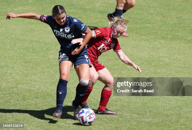 Paige Zois of Melbourne Victory and Paige Marie Hayward of Adelaide United during the round 11 A-League Women's match between Adelaide United and...