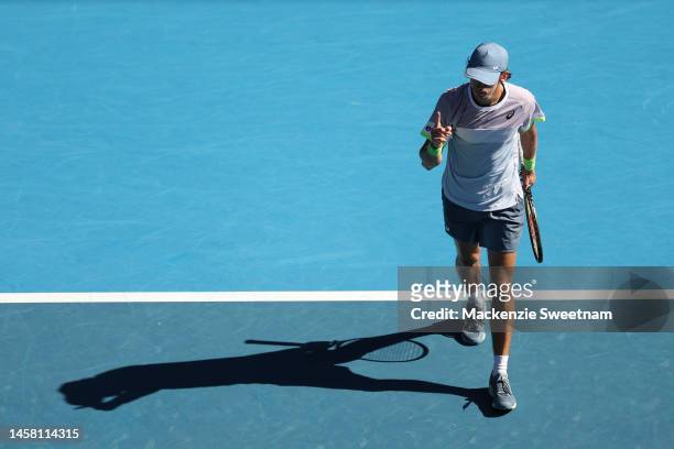Alex de Minaur of Australia celebrates match point during the third round singles match against Benjamin Bonzi of France during day six of the 2023...