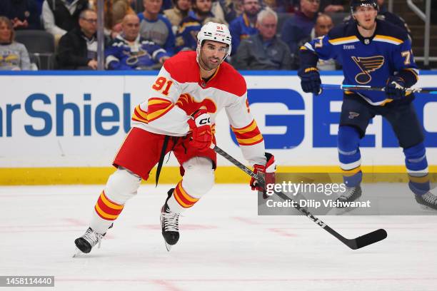 Nazem Kadri of the Calgary Flames skates against the St. Louis Blues at Enterprise Center on January 12, 2023 in St Louis, Missouri.