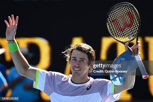 Alex de Minaur of Australia celebrates match point during the third round singles match against Benjamin Bonzi of France during day six of the 2023...