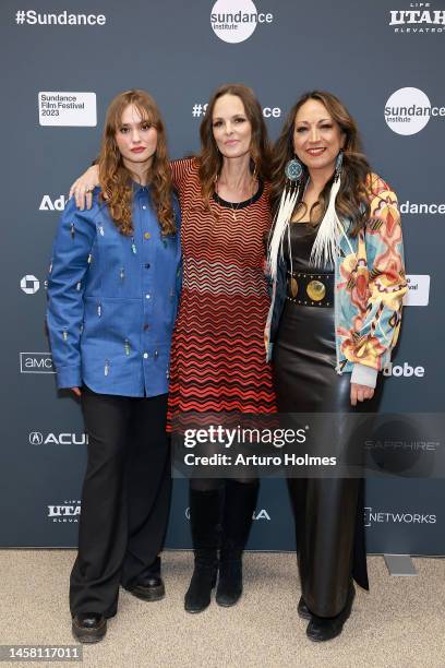 Johnny Sequoyah, Producer Heather Rae, and Tamara Podemski attend the 2023 Sundance Film Festival "Fancy Dance" Premiere at Eccles Center Theatre on...