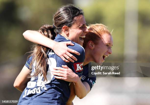 Alexandra Carla Chidiac of Melbourne Victory celebrates her goal with Beattie Goad of Melbourne Victory during the round 11 A-League Women's match...