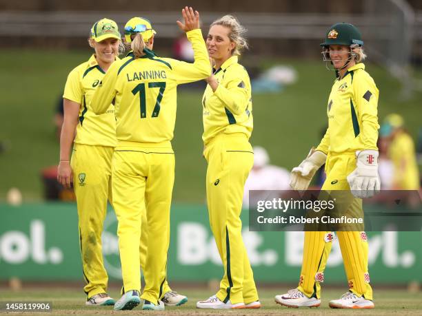 Ashleigh Gardner of Australia celebrates taking the wicket of Bismah Maroof of Pakistan during game three of the Women's One Day International Series...