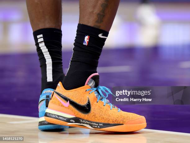 Shoes of LeBron James of the Los Angeles Lakers during a 122-121 Lakers win over the Memphis Grizzlies at Crypto.com Arena on January 20, 2023 in Los...