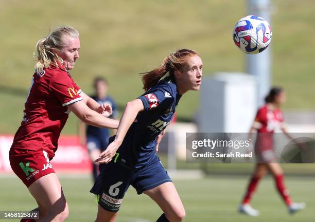 Beatrice Goad of Melbourne Victory and Paige Marie Hayward of Adelaide United during the round 11 A-League Women's match between Adelaide United and...