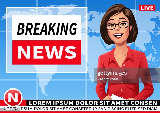 ilustrações de stock, clip art, desenhos animados e ícones de breaking news- female news anchor - beautiful woman