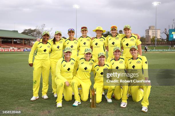 The Australian team pose after winning the series during game three of the Women's One Day International Series between Australia and Pakistan at...