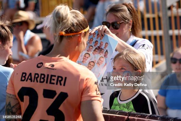 Melissa Barbieri of Melbourne City signs an autograph for supporters during the round 11 A-League Women's match between Melbourne City and Western...