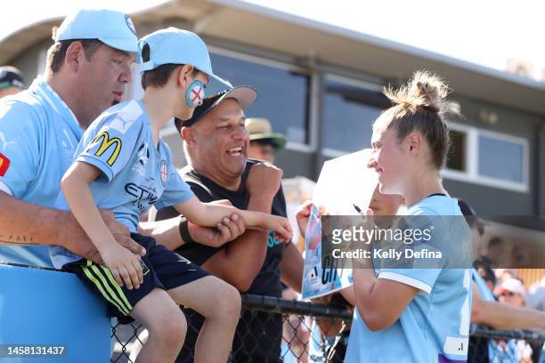 Rhianna Pollicina of Melbourne City signs an autograph for supporters during the round 11 A-League Women's match between Melbourne City and Western...