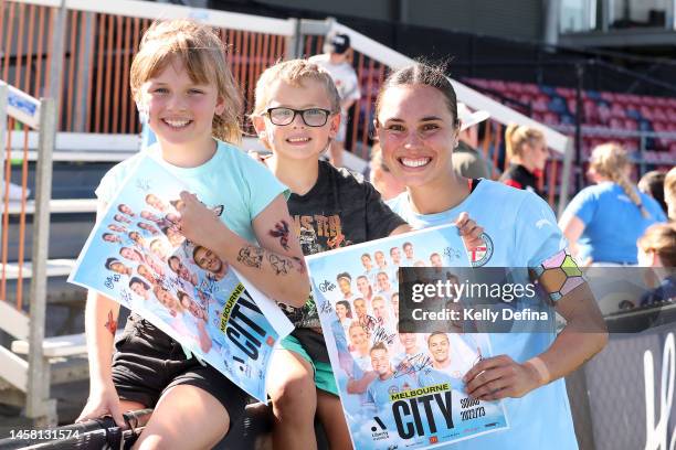 Emma Checker of Melbourne City meets supporters during the round 11 A-League Women's match between Melbourne City and Western Sydney Wanderers at...