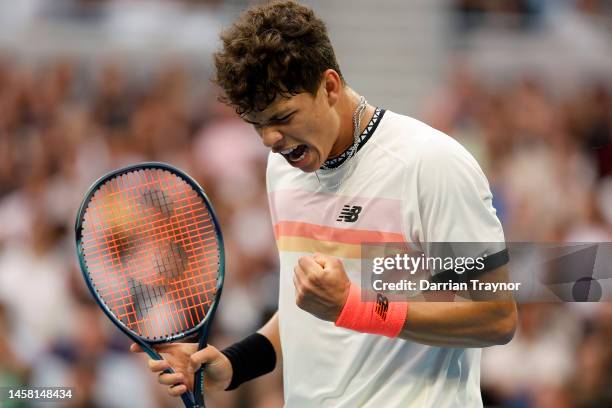 Ben Shelton of the United States reacts during the third round singles match against Alexei Popyrin of Australia during day six of the 2023...