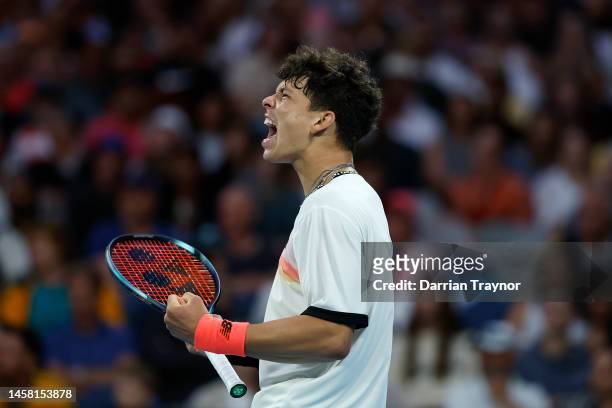 Ben Shelton of the United States reacts during the third round singles match against Alexei Popyrin of Australia during day six of the 2023...