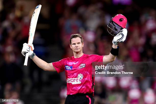 Steve Smith of the Sixers celebrates scoring his century during the Men's Big Bash League match between the Sydney Sixers and the Sydney Thunder at...