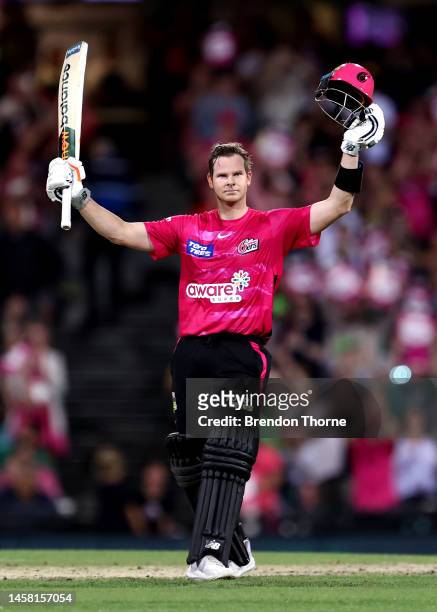 Steve Smith of the Sixers celebrates scoring his century during the Men's Big Bash League match between the Sydney Sixers and the Sydney Thunder at...