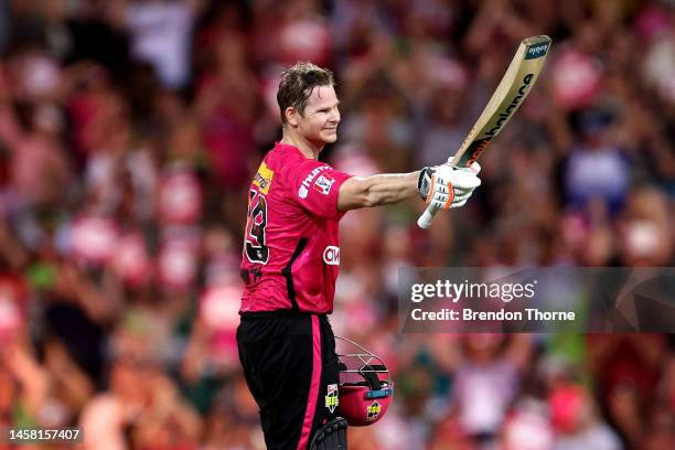 Steve Smith of the Sixers celebrates scoring his century during the Men's Big Bash League match between the Sydney Sixers and the Sydney Thunder at...