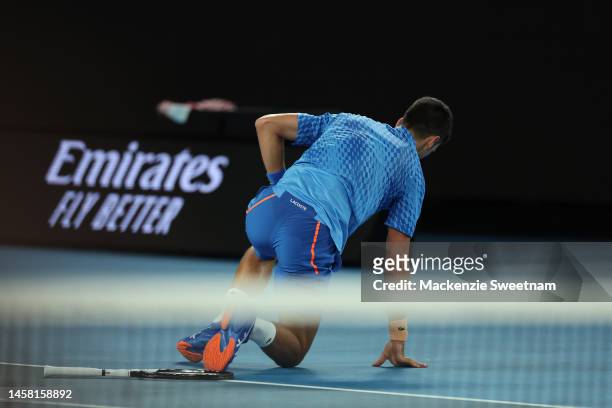 Novak Djokovic of Serbia during the third round singles match against Grigor Dimitrov of Bulgaria during day six of the 2023 Australian Open at...
