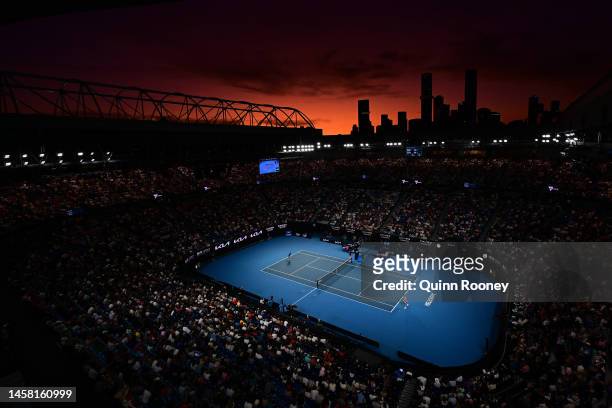 General view during the third round singles match between Novak Djokovic of Serbia and Grigor Dimitrov of Bulgaria on Rod Laver Arena during day six...