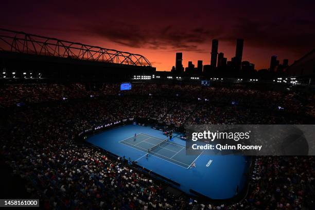 General view during the third round singles match between Novak Djokovic of Serbia and Grigor Dimitrov of Bulgaria on Rod Laver Arena during day six...