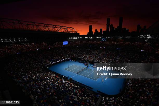 General view during the third round singles match between Novak Djokovic of Serbia and Grigor Dimitrov of Bulgaria on Rod Laver Arena during day six...