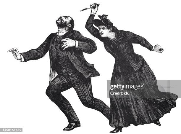 ilustraciones, imágenes clip art, dibujos animados e iconos de stock de mujer persiguiendo a un hombre con cuchillo levantado, vista lateral - asesino