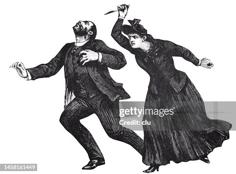 Woman chasing a man with raised knife, side view Woman chasing a man with raised knife, side view