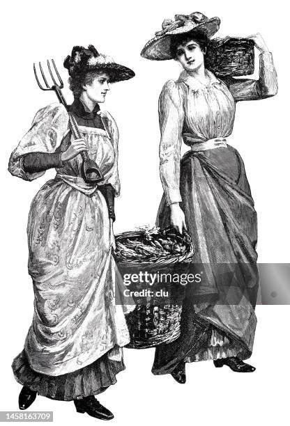 two women in long dresses come from field work, carry full baskets and a fork, white background - holding fork stock illustrations