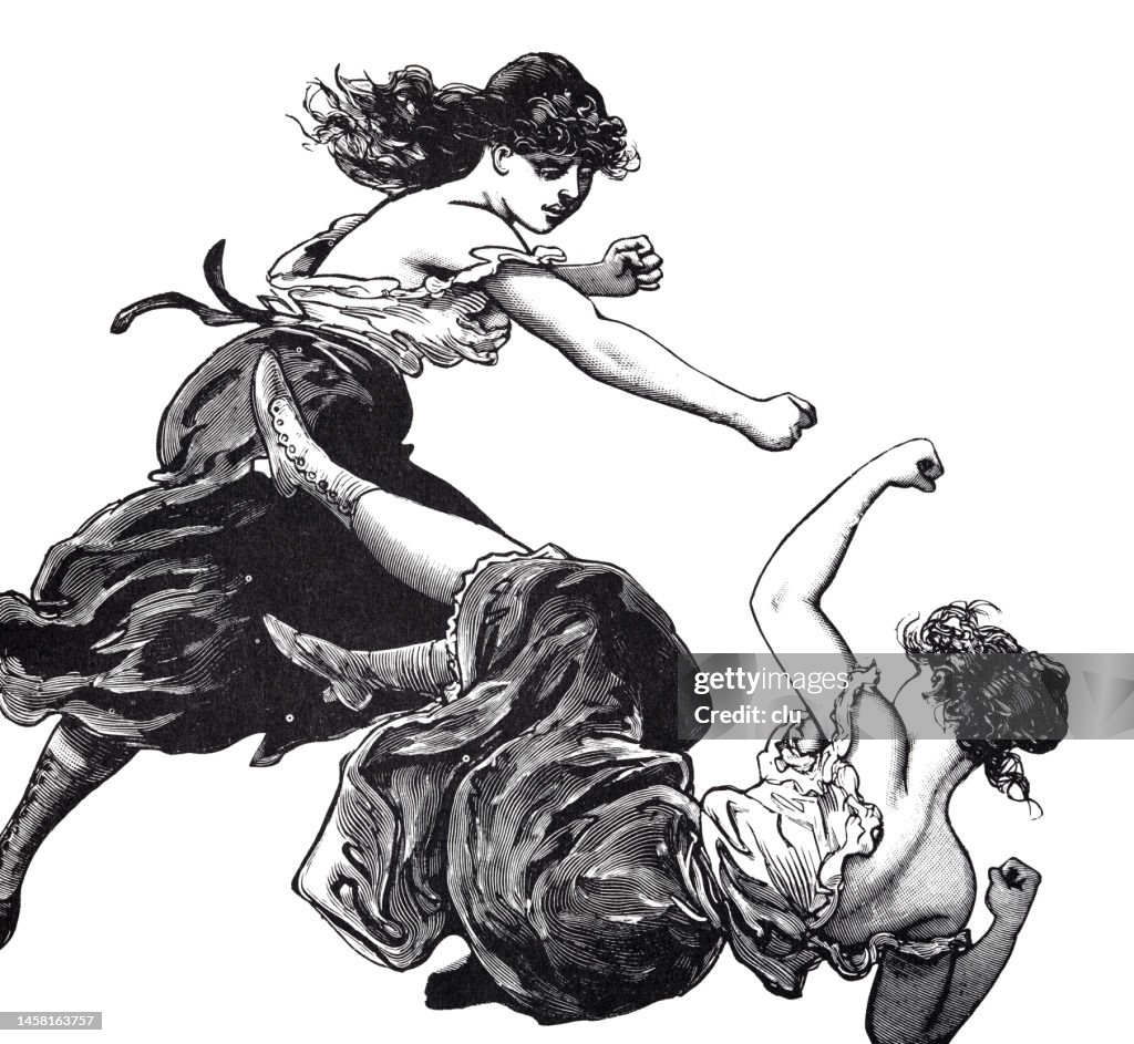 Two women boxing, one lying on the back, white background