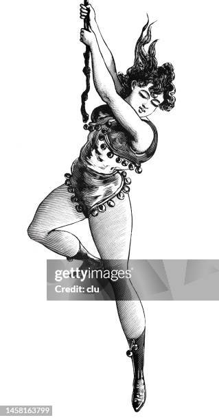 junger künstler hängt an einem seil und schaut nach unten, weißer hintergrund - zirkus stock-grafiken, -clipart, -cartoons und -symbole