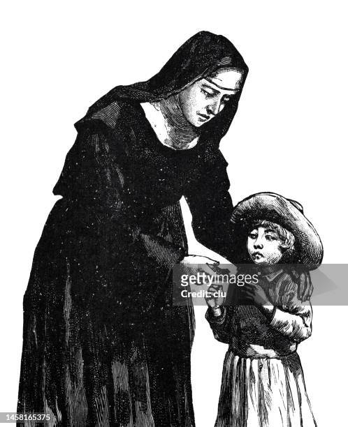 stockillustraties, clipart, cartoons en iconen met a nun hands an object to a little girl and explains it, white background - zuster