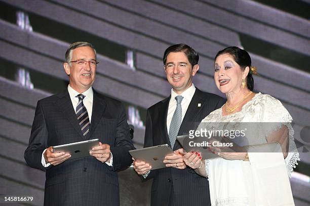 Ricardo Salinas Pliego, Dionisio Perez Jacome and Angelica Aragon pose for a picture at the inauguration of the new forums Azteca Novelas on June 5,...
