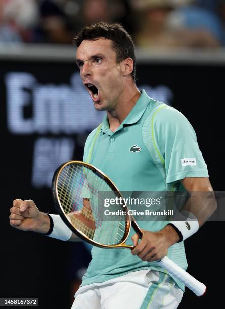 Roberto Bautista Agut of Spain reacts during the third round singles match against Andy Murray of Great Britain during day six of the 2023 Australian...