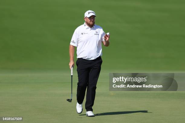 Shane Lowry of Ireland reacts on the seventh green during day three of the Abu Dhabi HSBC Championship at Yas Links Golf Course on January 21, 2023...