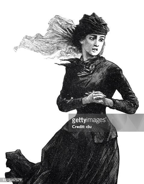 黒い服を着た女性が手を握り、驚いて横を向いている - 寡婦点のイラスト素材／クリップアート素材／マンガ素材／アイコン素材