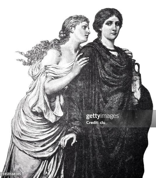 junge frau mit langen lockigen haaren umarmt ihre freundin von hinten, mit sehnsüchtigem blick - alte und junge lesbische frauen stock-grafiken, -clipart, -cartoons und -symbole