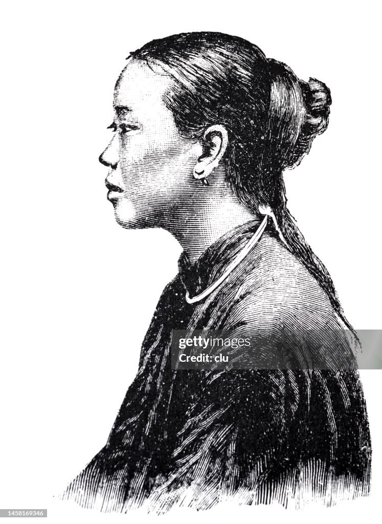 Young chinese beauty portrait with bun, headshot, side view