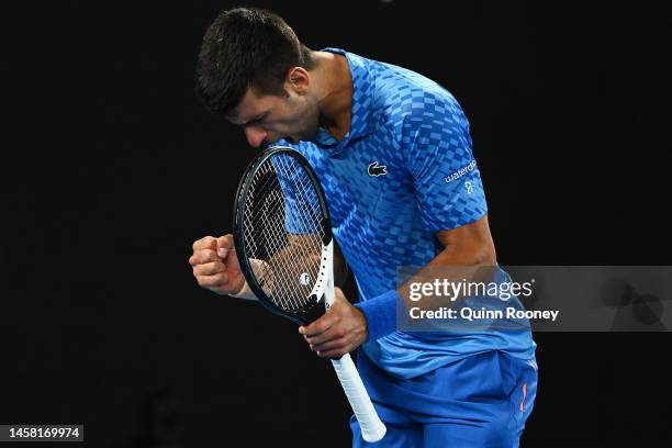 Novak Djokovic of Serbia reacts during the third round singles match against Grigor Dimitrov of Bulgaria during day six of the 2023 Australian Open...