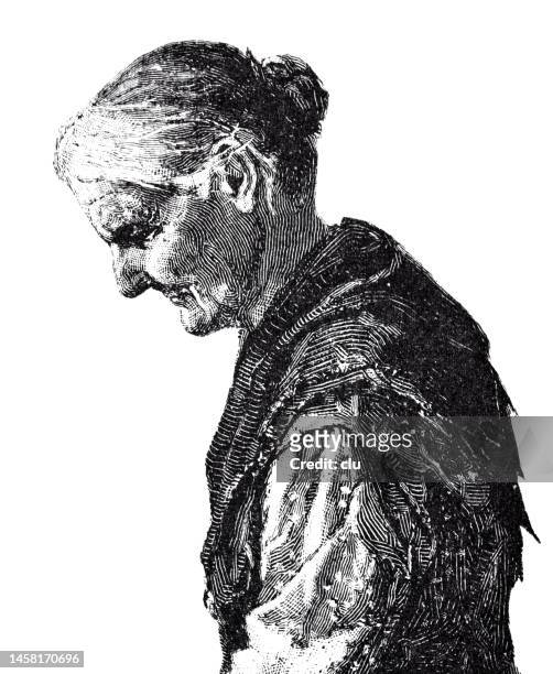 grandmother with bun looking down, white background, waist up, side view - grandmother portrait stock illustrations