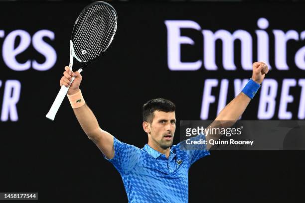 Novak Djokovic of Serbia celebrates winning his third round singles match against Grigor Dimitrov of Bulgaria during day six of the 2023 Australian...
