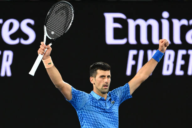 Novak Djokovic of Serbia celebrates winning his third round singles match against Grigor Dimitrov of Bulgaria during day six of the 2023 Australian...