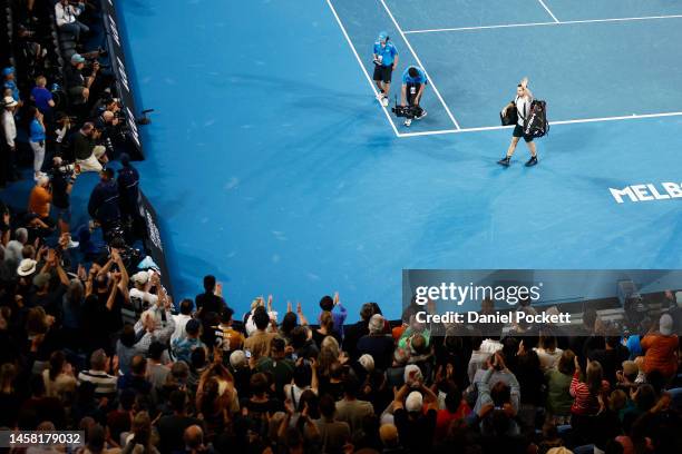 Andy Murray of Great Britain thanks fans after the third round singles match against Roberto Bautista Agut of Spain during day six of the 2023...