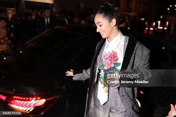 Léna Mahfouf attends the Kenzo Menswear Fall-Winter 2023-2024 show as part of Paris Fashion Week and seen wearing a complete Kenzo look , a white...