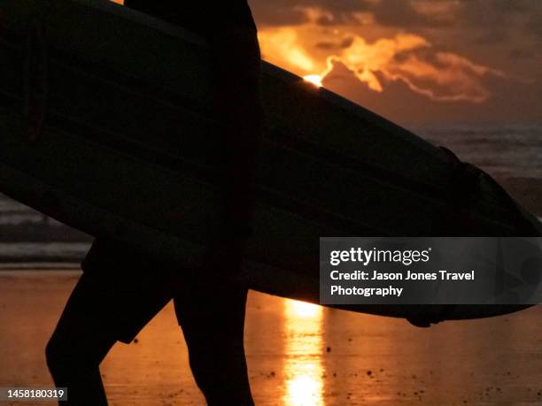 a surfer returns from the sea as the sun sets - nosara costa rica stock pictures, royalty-free photos & images