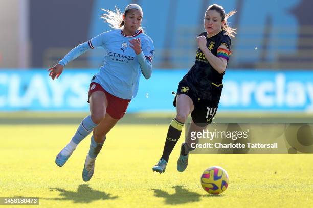 Deyna Castellanos of Manchester City is put under pressure by Danielle Turner of Aston Villa during the FA Women's Super League match between...