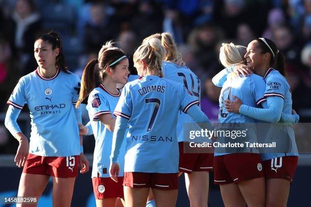 Deyna Castellanos of Manchester City celebrates with teammates after scoring the team's first goal during the FA Women's Super League match between...