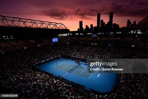 General view during the third round singles match between Novak Djokovic of Serbia and Grigor Dimitrov of Bulgaria on Rod Laver Arena during day six...