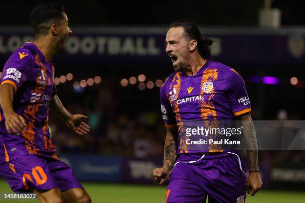 Ryan Williams of the Glory celebrates a goal during the round 13 A-League Men's match between Perth Glory and Melbourne Victory at Macedonia Park, on...