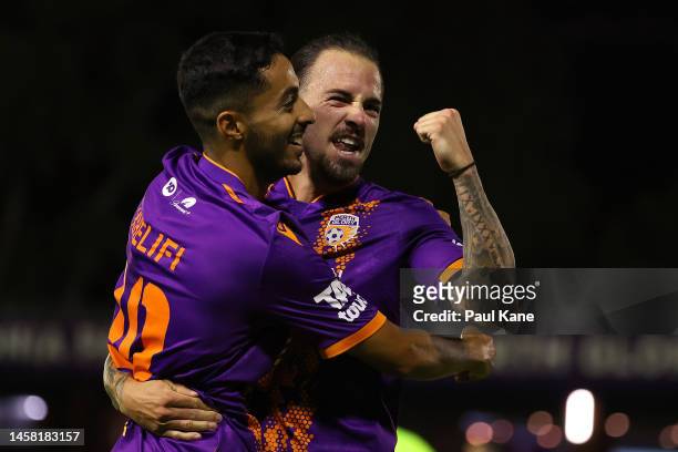 Salim Khelifi and Ryan Williams of the Glory celebrate a goal during the round 13 A-League Men's match between Perth Glory and Melbourne Victory at...