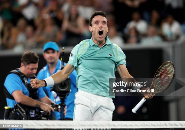 Roberto Bautista Agut of Spain celebrates match point in the third round singles match against Andy Murray of Great Britain during day six of the...