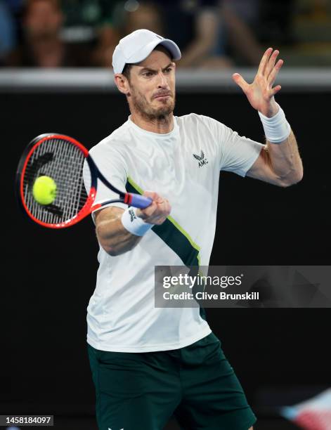 Andy Murray of Great Britain plays a forehand in the third round singles match against Roberto Bautista Agut of Spain during day six of the 2023...